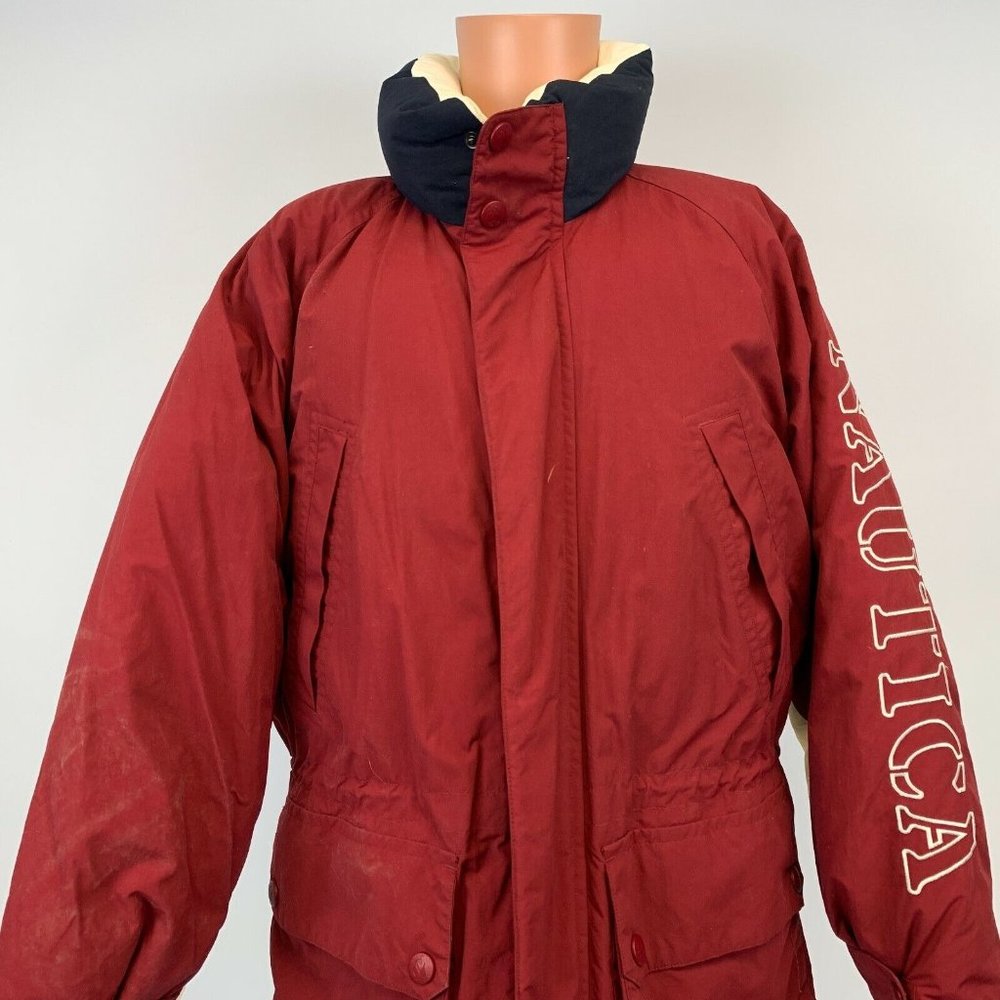 Nautica Duck Down Embroidered Puffy Jacket Vtg 90s J Class Logo Red Size L